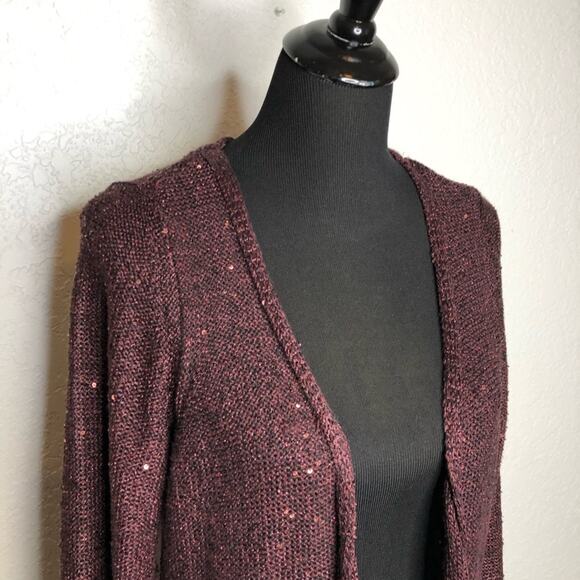 WHBM maroon wine sequin embellished long open front duster cardigan size Large - Picture 2 of 15